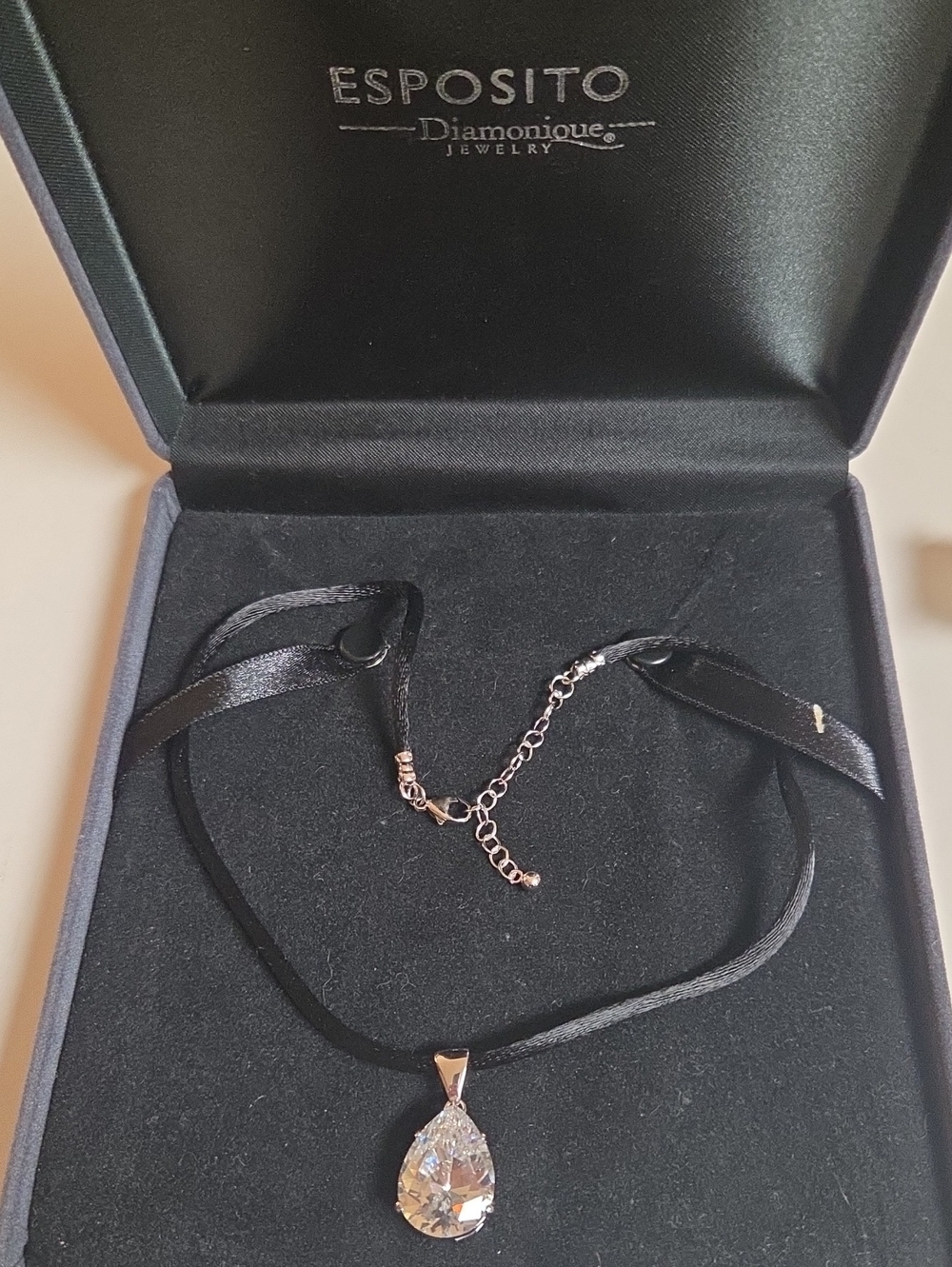 Black Satin Choker Necklace with Teardrop Pendant